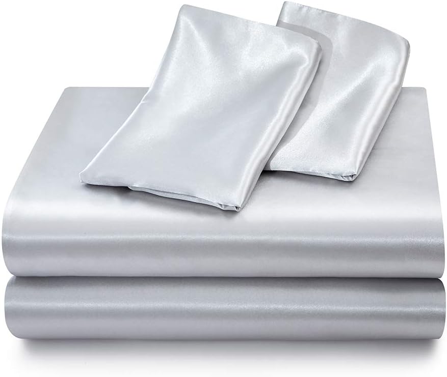 Satin Bed Sheets King Size Sheets, Silver Grey Silk Sheets, 4 - Pieces Soft Bedding Set with 1 Deep Pocket Fitted Sheet,1 Flat Sheet,2 Pillowcase