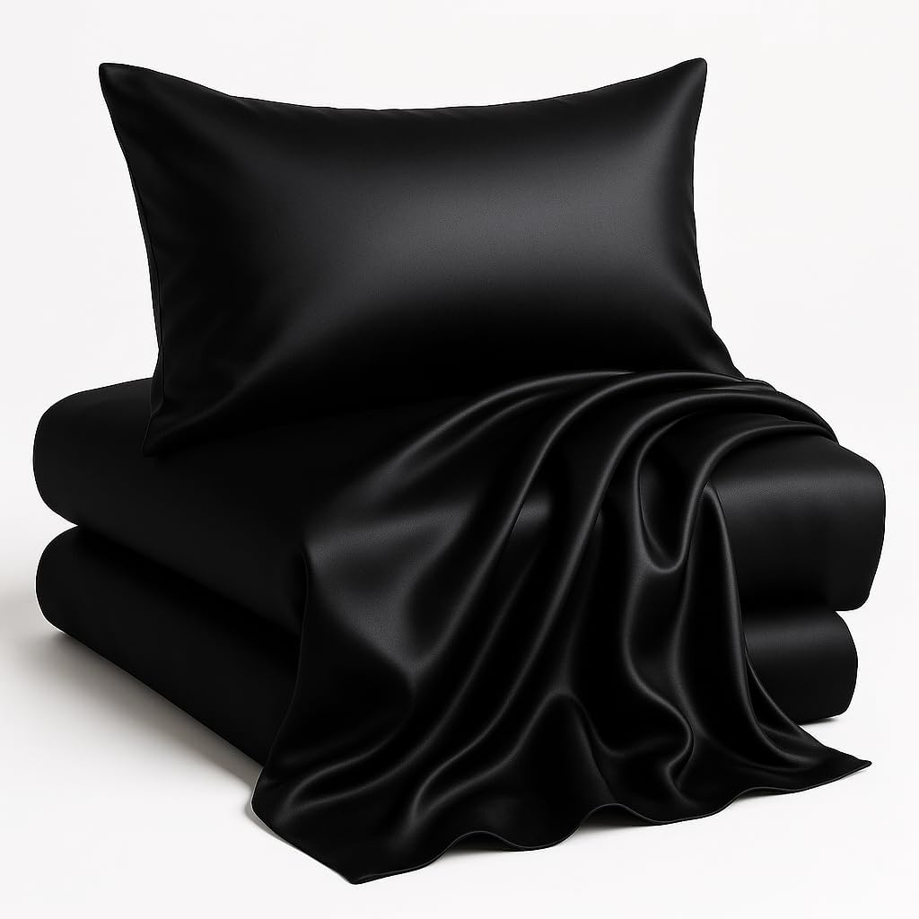Casa Platino Satin Sheets King Size Set - 4 Pieces - Soft Like Silk - 1 Deep Pocket Fitted Sheet, 1 Flat Sheet & 2 King Pillowcases - Beneficial for Hair & Skin - Wrinke Free - White Bed Sheets Set