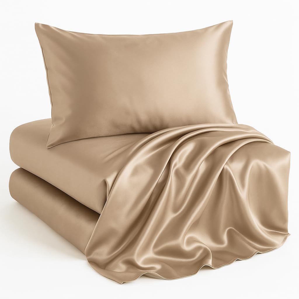 Casa Platino Satin Sheets King Size Set - 4 Pieces - Soft Like Silk - 1 Deep Pocket Fitted Sheet, 1 Flat Sheet & 2 King Pillowcases - Beneficial for Hair & Skin - Wrinke Free - White Bed Sheets Set