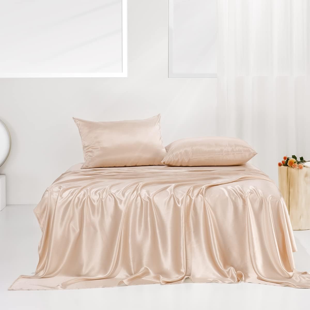 PROMEED Upgraded 23 Momme Pink Silk Sheets Queen Size Set 4 Pieces, Natural Mulberry Silk Cooling Bed Sheets and Pillowcase Sets (Pink, Queen)