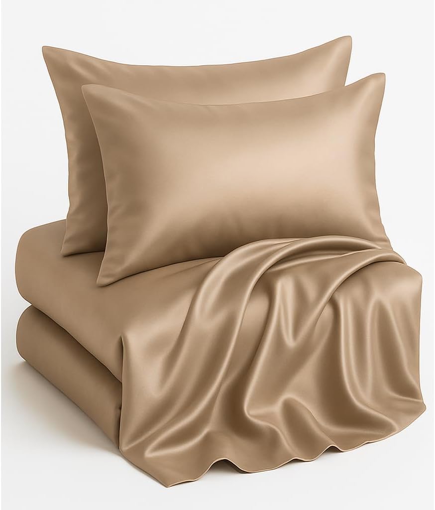 Casa Platino Satin Sheets King Size Set - 4 Pieces - Soft Like Silk - 1 Deep Pocket Fitted Sheet, 1 Flat Sheet & 2 King Pillowcases - Beneficial for Hair & Skin - Wrinke Free - White Bed Sheets Set