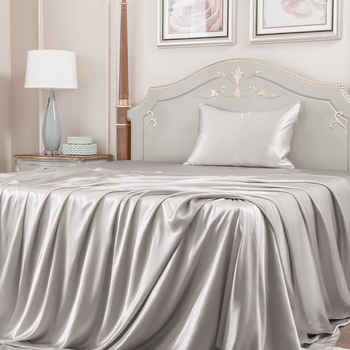PROMEED Upgraded 23 Momme Pink Silk Sheets Queen Size Set 4 Pieces, Natural Mulberry Silk Cooling Bed Sheets and Pillowcase Sets (Pink, Queen)