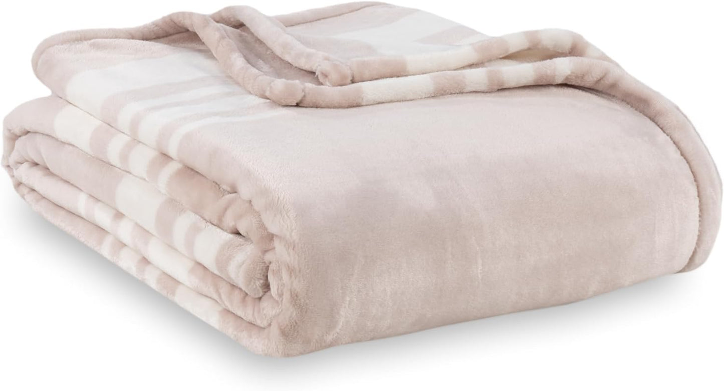 Berkshire Blanket-Classic Heavyweight Soft Printed VelvetLoft® Plush Blanket, Full/Queen Size Soft Fuzzy Warm Blanket for Couch Sofa Bed, Stripe Cream, 90in x 90in