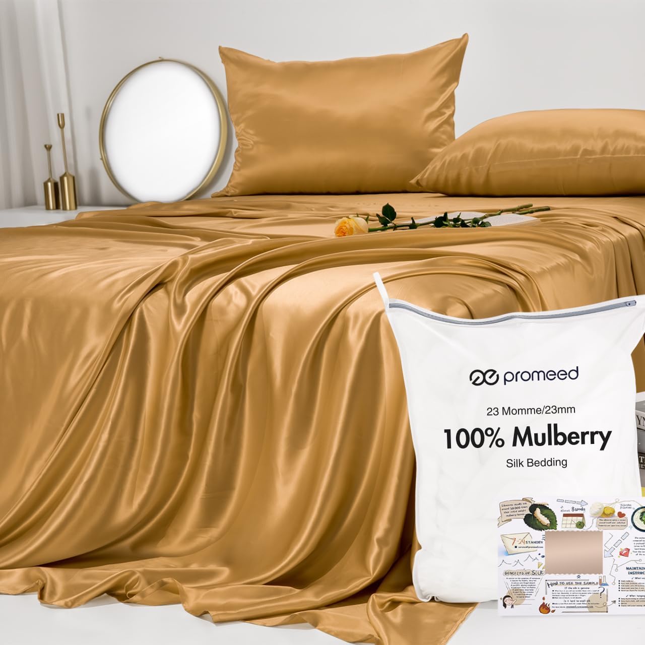 PROMEED Upgraded 23 Momme Pink Silk Sheets Queen Size Set 4 Pieces, Natural Mulberry Silk Cooling Bed Sheets and Pillowcase Sets (Pink, Queen)