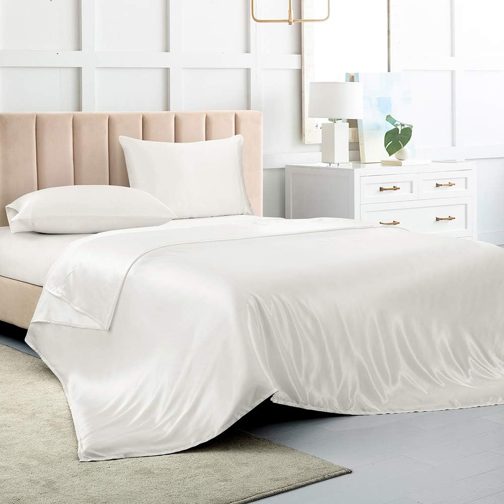 Satin Bed Sheets King Size Sheets, Silver Grey Silk Sheets, 4 - Pieces Soft Bedding Set with 1 Deep Pocket Fitted Sheet,1 Flat Sheet,2 Pillowcase