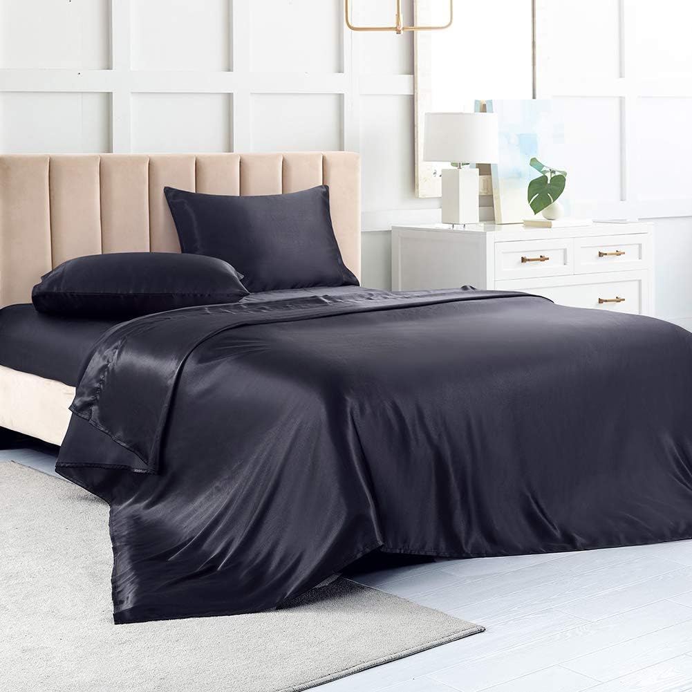 Satin Bed Sheets King Size Sheets, Silver Grey Silk Sheets, 4 - Pieces Soft Bedding Set with 1 Deep Pocket Fitted Sheet,1 Flat Sheet,2 Pillowcase