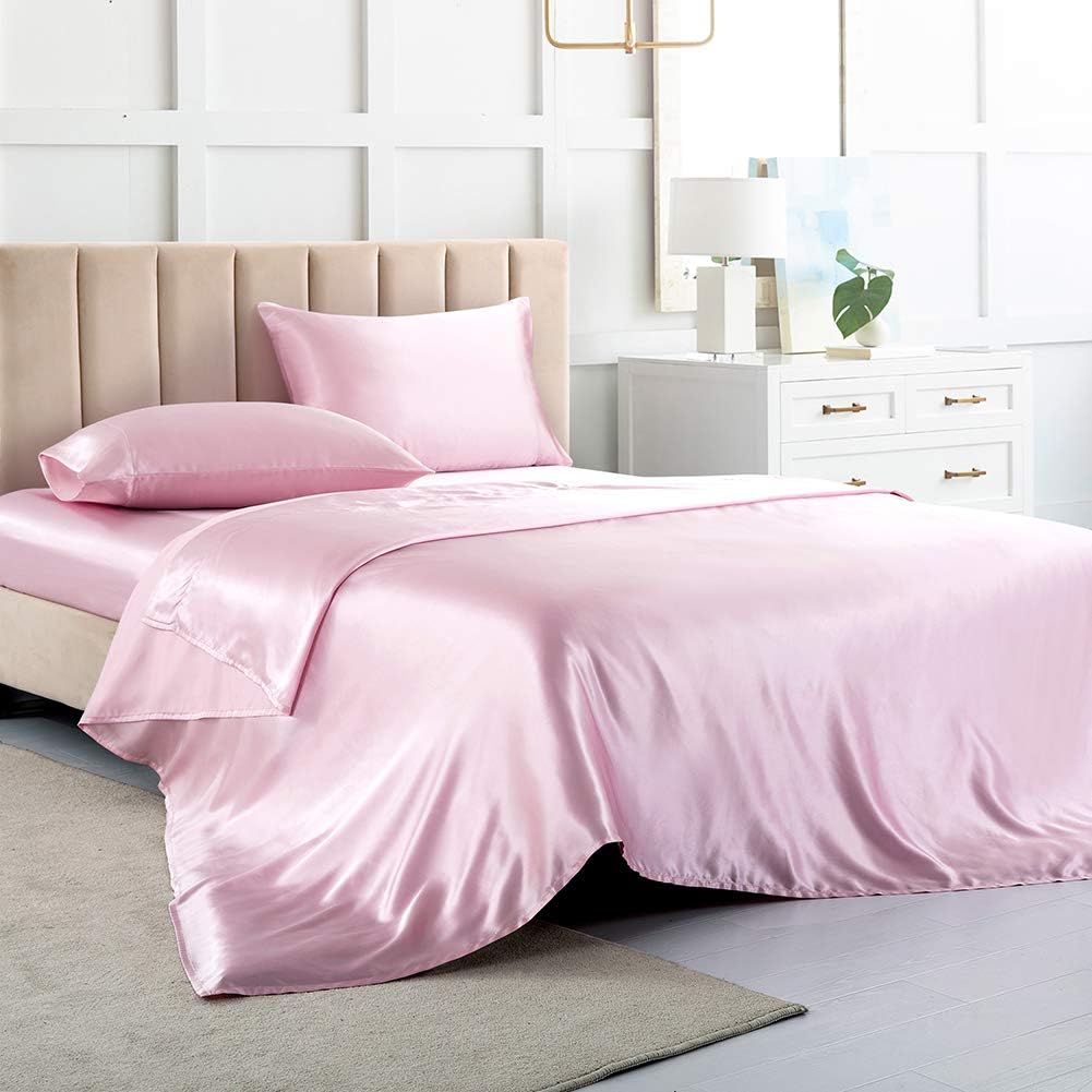 Satin Bed Sheets King Size Sheets, Silver Grey Silk Sheets, 4 - Pieces Soft Bedding Set with 1 Deep Pocket Fitted Sheet,1 Flat Sheet,2 Pillowcase