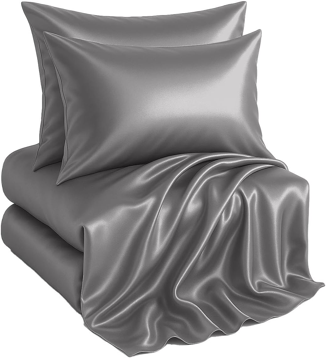 Casa Platino Satin Sheets King Size Set - 4 Pieces - Soft Like Silk - 1 Deep Pocket Fitted Sheet, 1 Flat Sheet & 2 King Pillowcases - Beneficial for Hair & Skin - Wrinke Free - White Bed Sheets Set