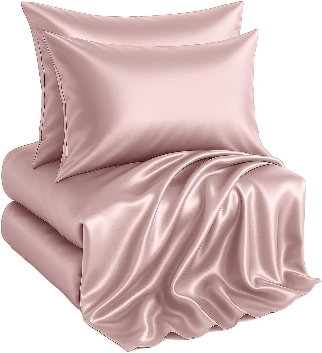 Casa Platino Satin Sheets King Size Set - 4 Pieces - Soft Like Silk - 1 Deep Pocket Fitted Sheet, 1 Flat Sheet & 2 King Pillowcases - Beneficial for Hair & Skin - Wrinke Free - White Bed Sheets Set