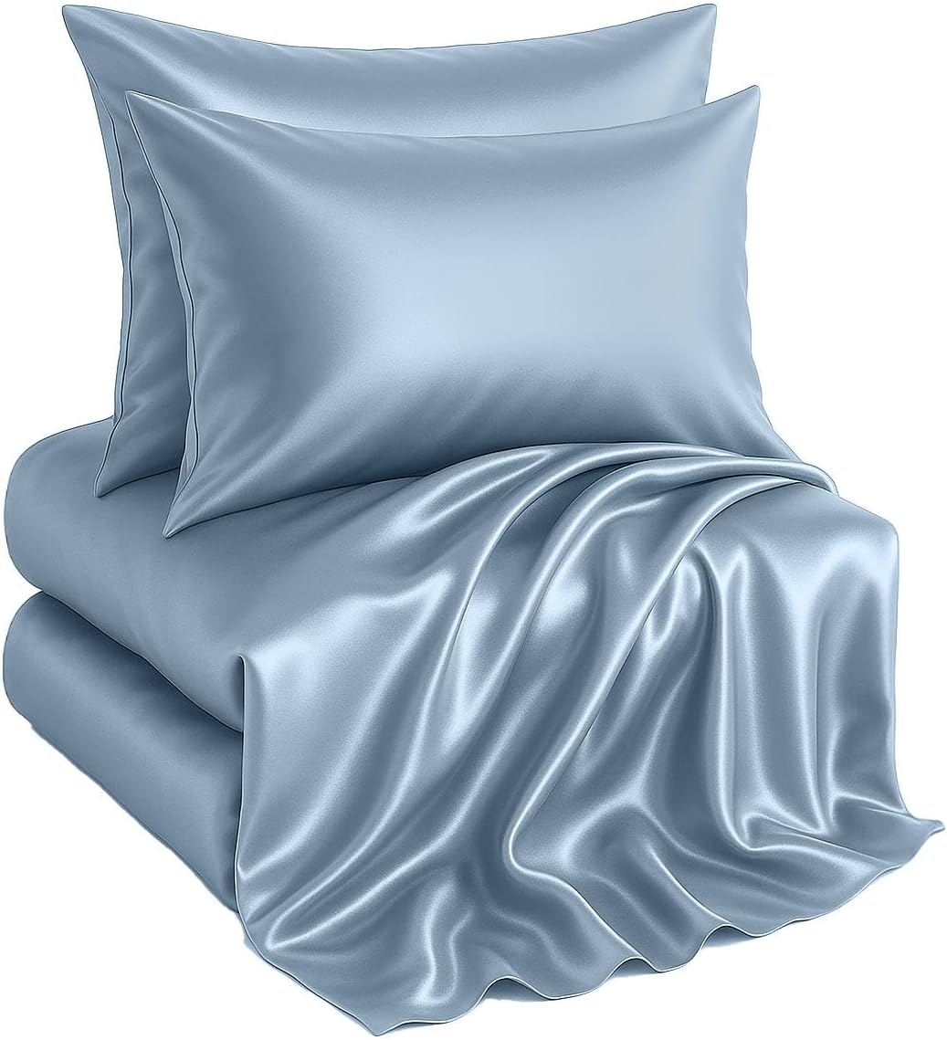 Casa Platino Satin Sheets King Size Set - 4 Pieces - Soft Like Silk - 1 Deep Pocket Fitted Sheet, 1 Flat Sheet & 2 King Pillowcases - Beneficial for Hair & Skin - Wrinke Free - White Bed Sheets Set