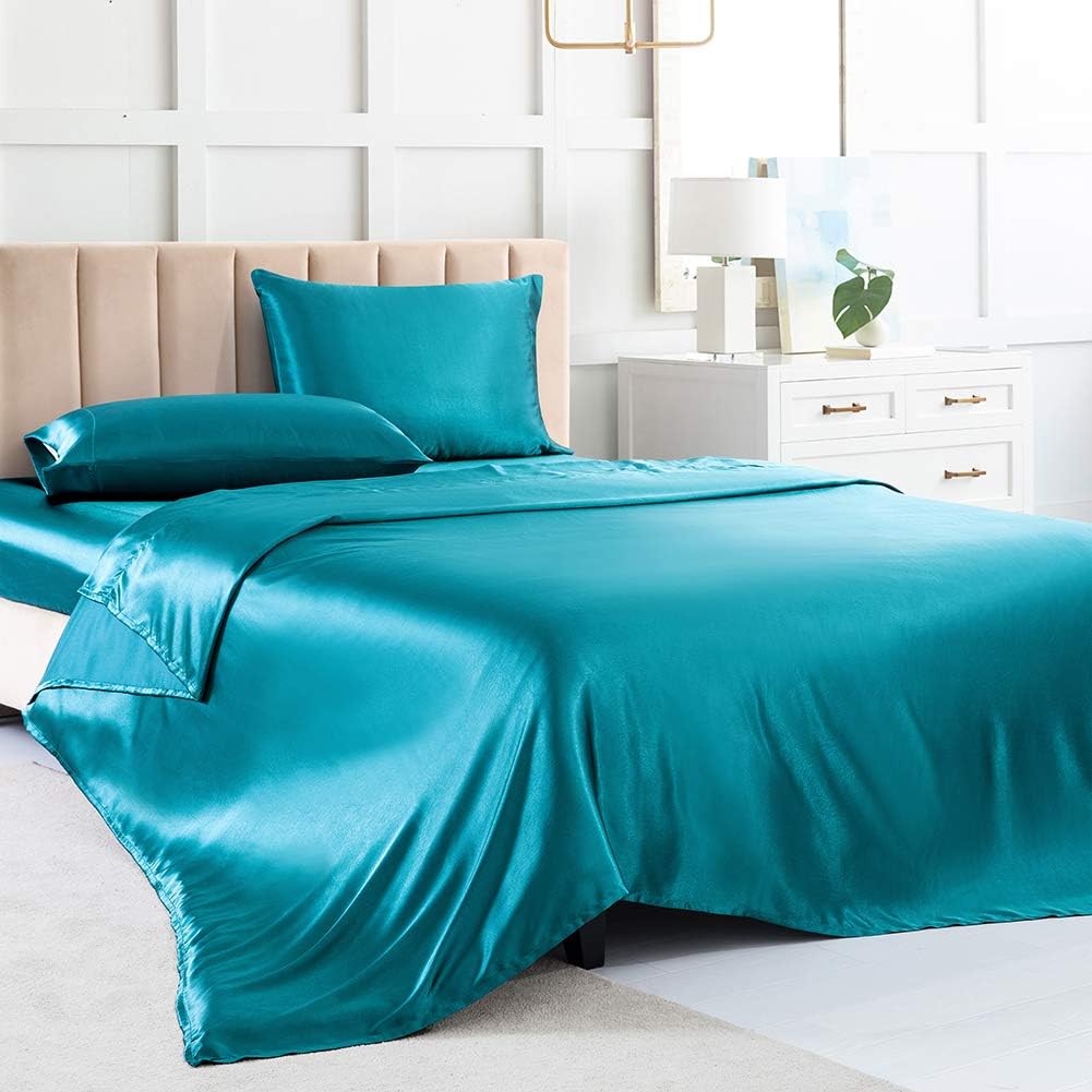 Satin Bed Sheets King Size Sheets, Silver Grey Silk Sheets, 4 - Pieces Soft Bedding Set with 1 Deep Pocket Fitted Sheet,1 Flat Sheet,2 Pillowcase