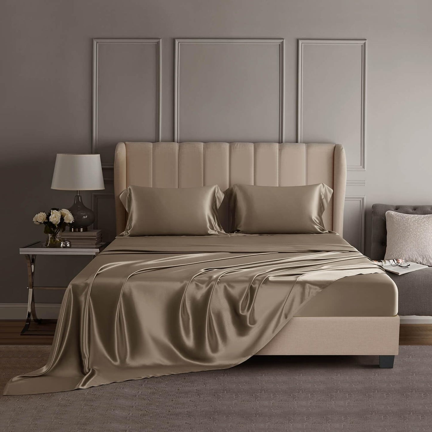 DISANGNI 22 Momme 100% Mulberry Silk Bedding Set - 4-Piece Luxury (2 Pillowcases, 1 Fitted Sheet, 1 Flat Sheet) - 6A Grade Natural Silk (Pink, Queen)