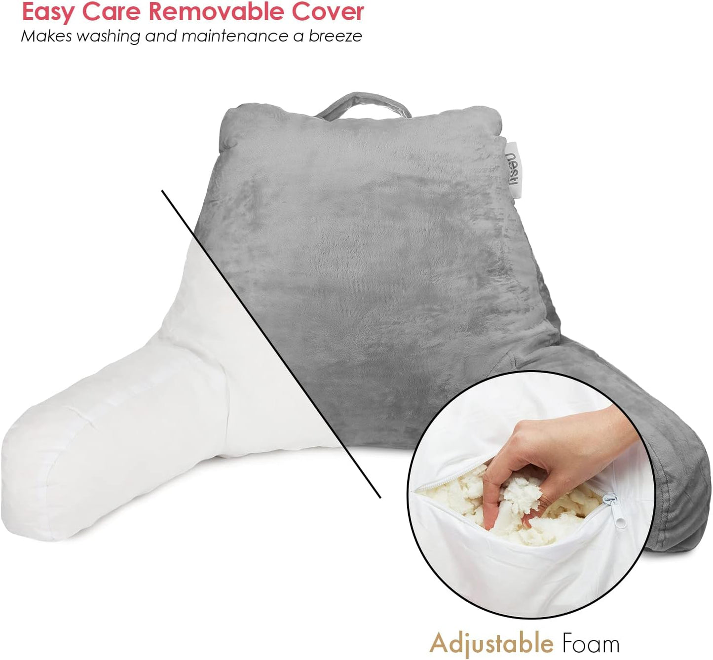 Nestl Reading Pillow with Shredded Memory Foam, Designed for Sitting Up in Bed and Couch, Back and Arms Adjustable Support for Adult & Teens Backrest Pillows for Reading, with Washable Cover Dark Grey