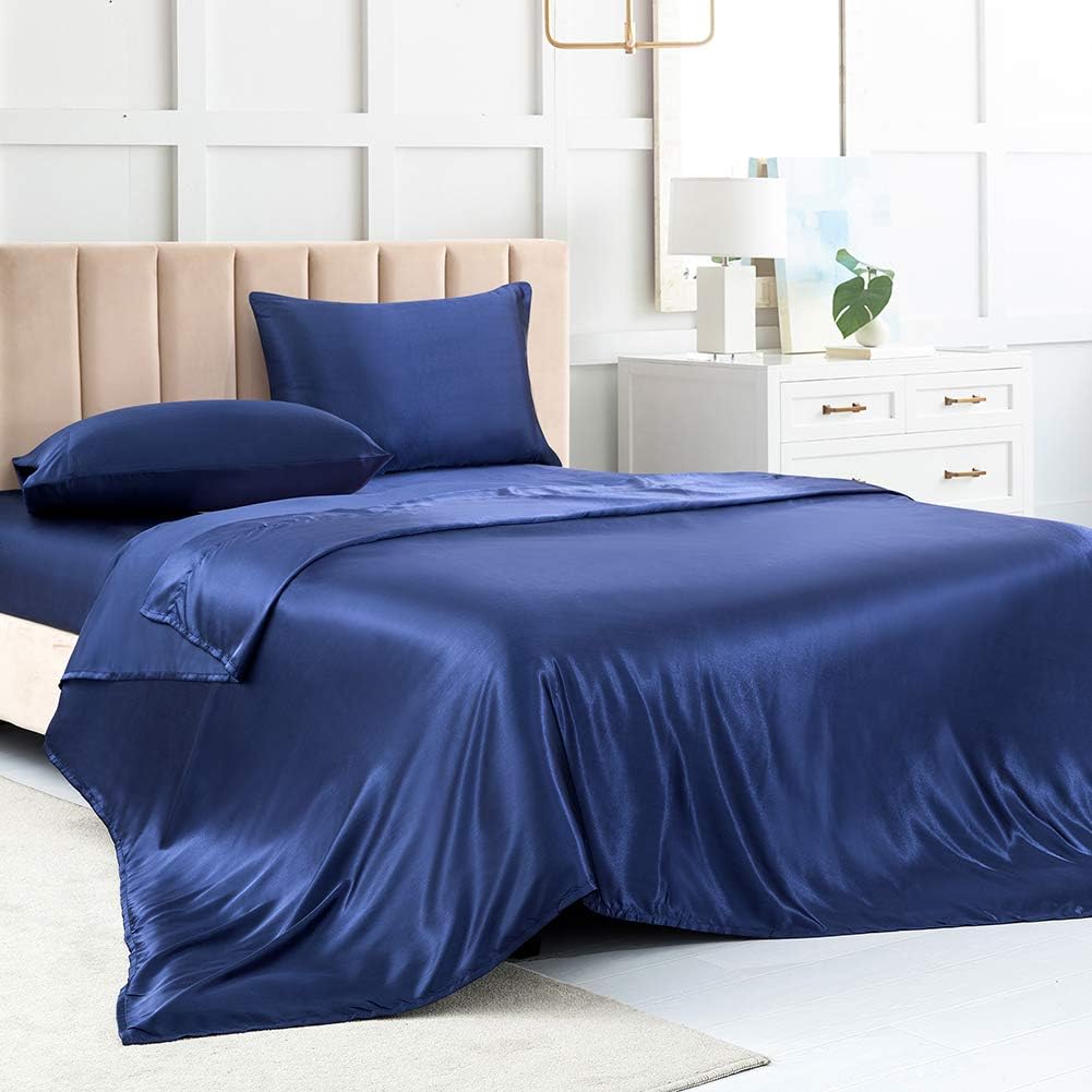 Satin Bed Sheets King Size Sheets, Silver Grey Silk Sheets, 4 - Pieces Soft Bedding Set with 1 Deep Pocket Fitted Sheet,1 Flat Sheet,2 Pillowcase