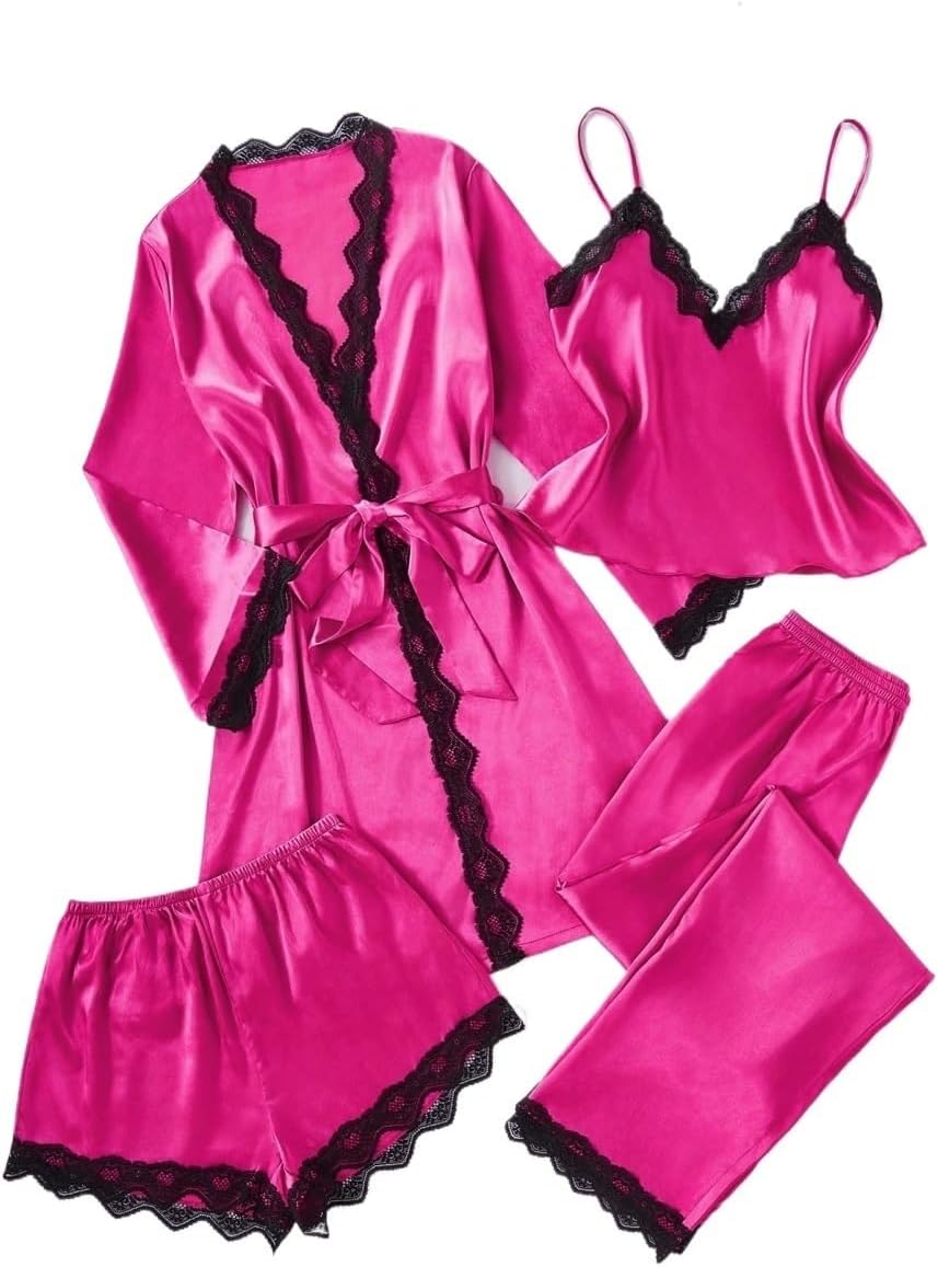 4 Pieces Pajama Set for Women V-neck Vest Robe Pants Shorts Women's Silk Robes Lace Trim Satin Bathrobe Sleepwear