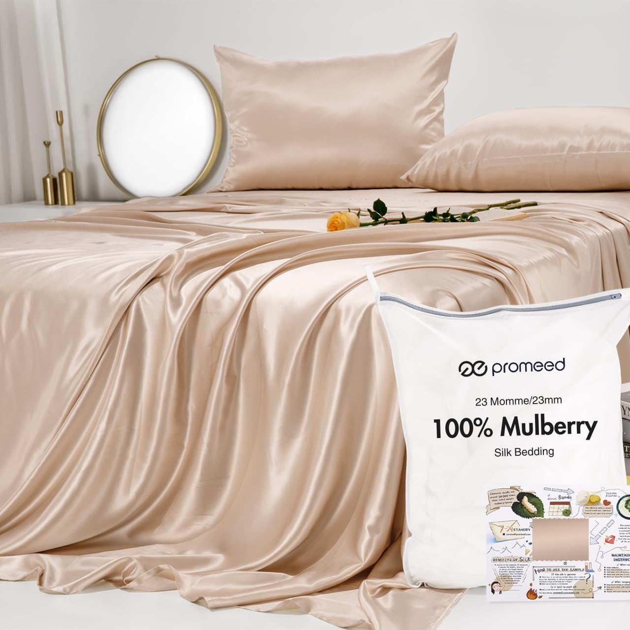 PROMEED Upgraded 23 Momme Pink Silk Sheets Queen Size Set 4 Pieces, Natural Mulberry Silk Cooling Bed Sheets and Pillowcase Sets (Pink, Queen)