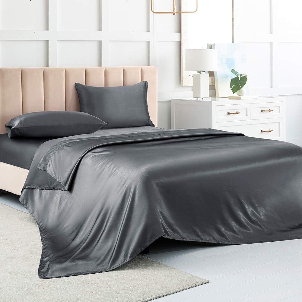 Satin Bed Sheets King Size Sheets, Silver Grey Silk Sheets, 4 - Pieces Soft Bedding Set with 1 Deep Pocket Fitted Sheet,1 Flat Sheet,2 Pillowcase