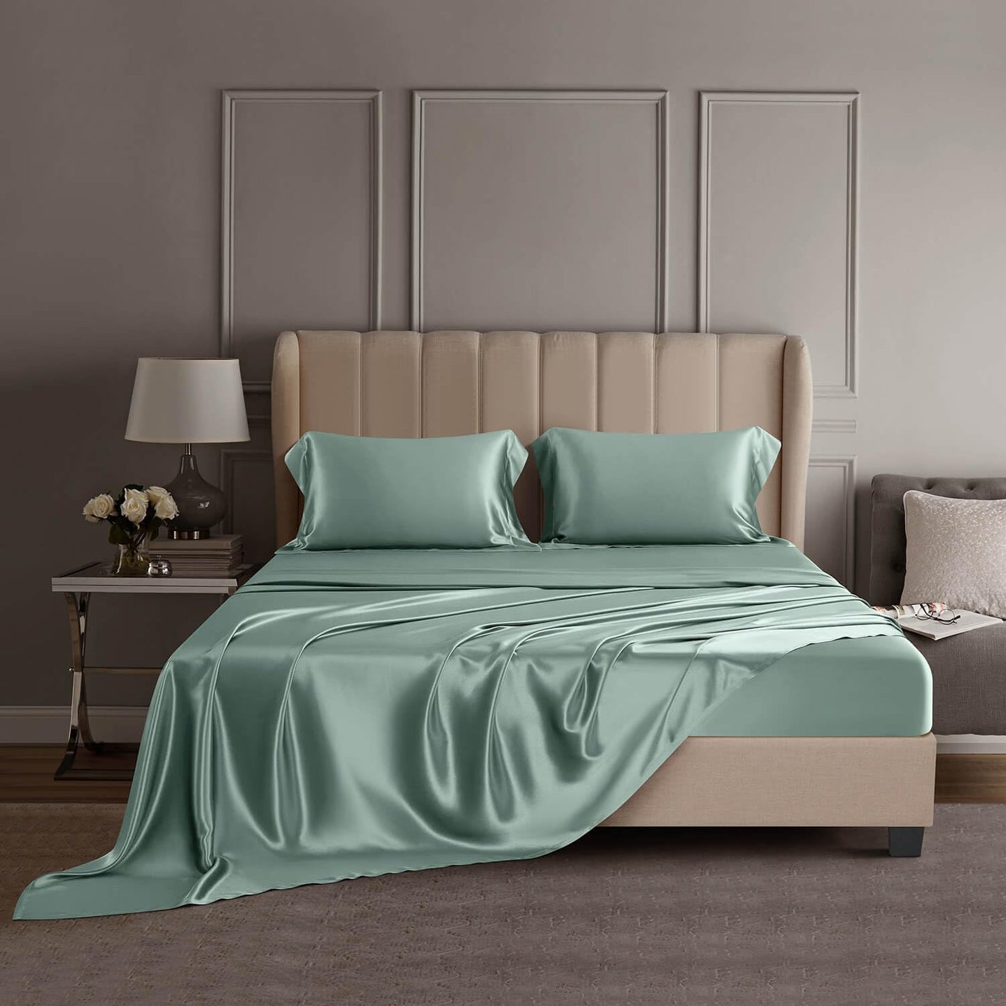 DISANGNI 22 Momme 100% Mulberry Silk Bedding Set - 4-Piece Luxury (2 Pillowcases, 1 Fitted Sheet, 1 Flat Sheet) - 6A Grade Natural Silk (Pink, Queen)