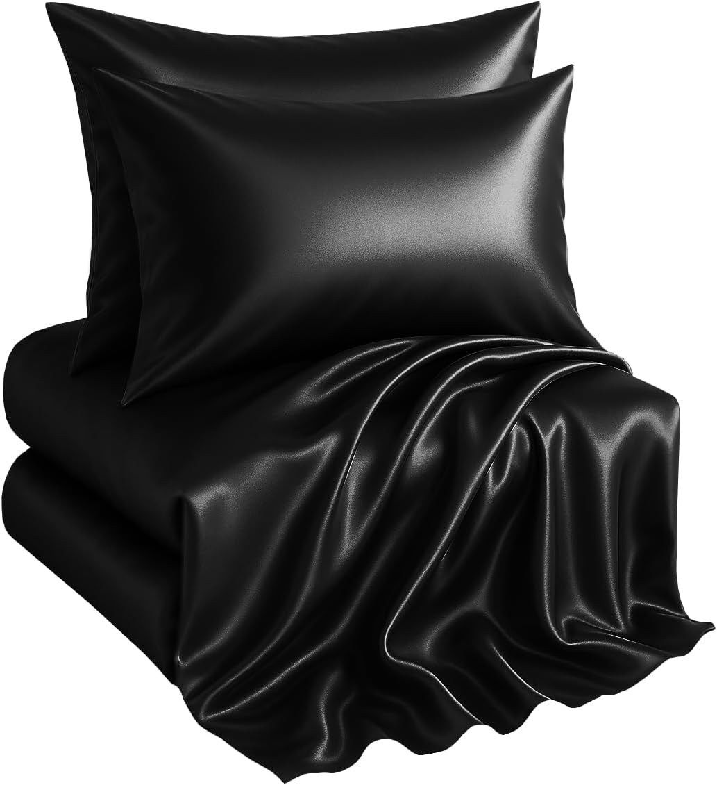 Casa Platino Satin Sheets King Size Set - 4 Pieces - Soft Like Silk - 1 Deep Pocket Fitted Sheet, 1 Flat Sheet & 2 King Pillowcases - Beneficial for Hair & Skin - Wrinke Free - White Bed Sheets Set