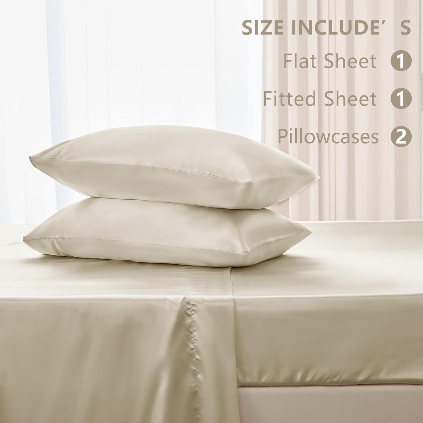 CozyLux Satin Sheets Queen Size - 4 Piece Beige Bed Sheet Set with Silky Microfiber, 1 Deep Pocket Fitted Sheet, 1 Flat Sheet, and 2 Pillowcases - Smooth and Soft