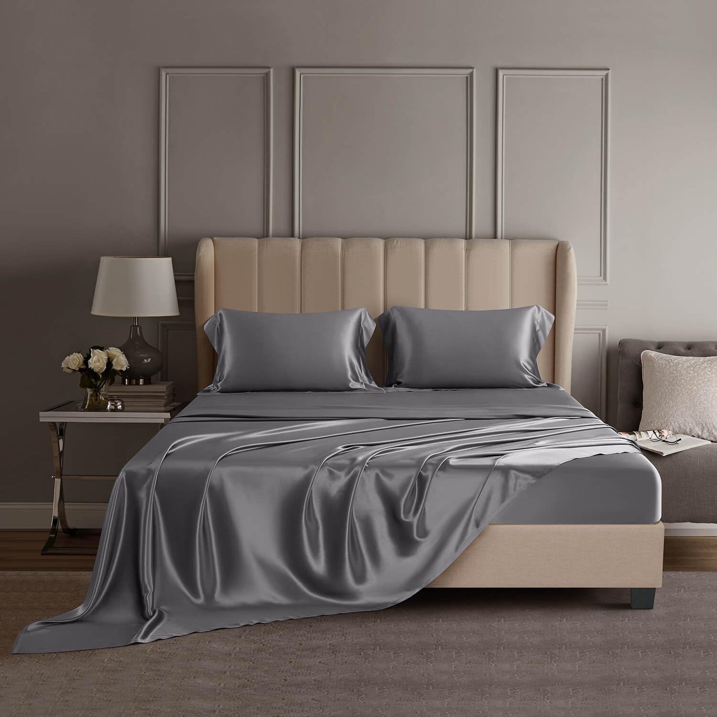 DISANGNI 22 Momme 100% Mulberry Silk Bedding Set - 4-Piece Luxury (2 Pillowcases, 1 Fitted Sheet, 1 Flat Sheet) - 6A Grade Natural Silk (Pink, Queen)