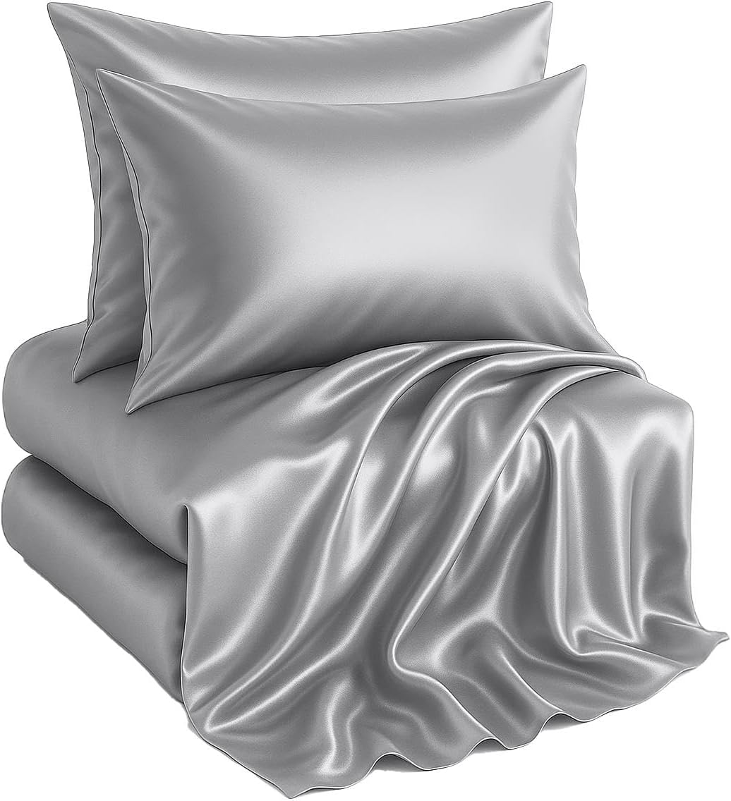 Casa Platino Satin Sheets King Size Set - 4 Pieces - Soft Like Silk - 1 Deep Pocket Fitted Sheet, 1 Flat Sheet & 2 King Pillowcases - Beneficial for Hair & Skin - Wrinke Free - White Bed Sheets Set