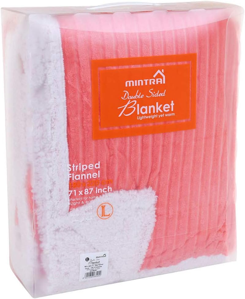 Mintra Home Sherpa Stripe Flannel Throw Blanket (Coral, 70in x 86in (Large))