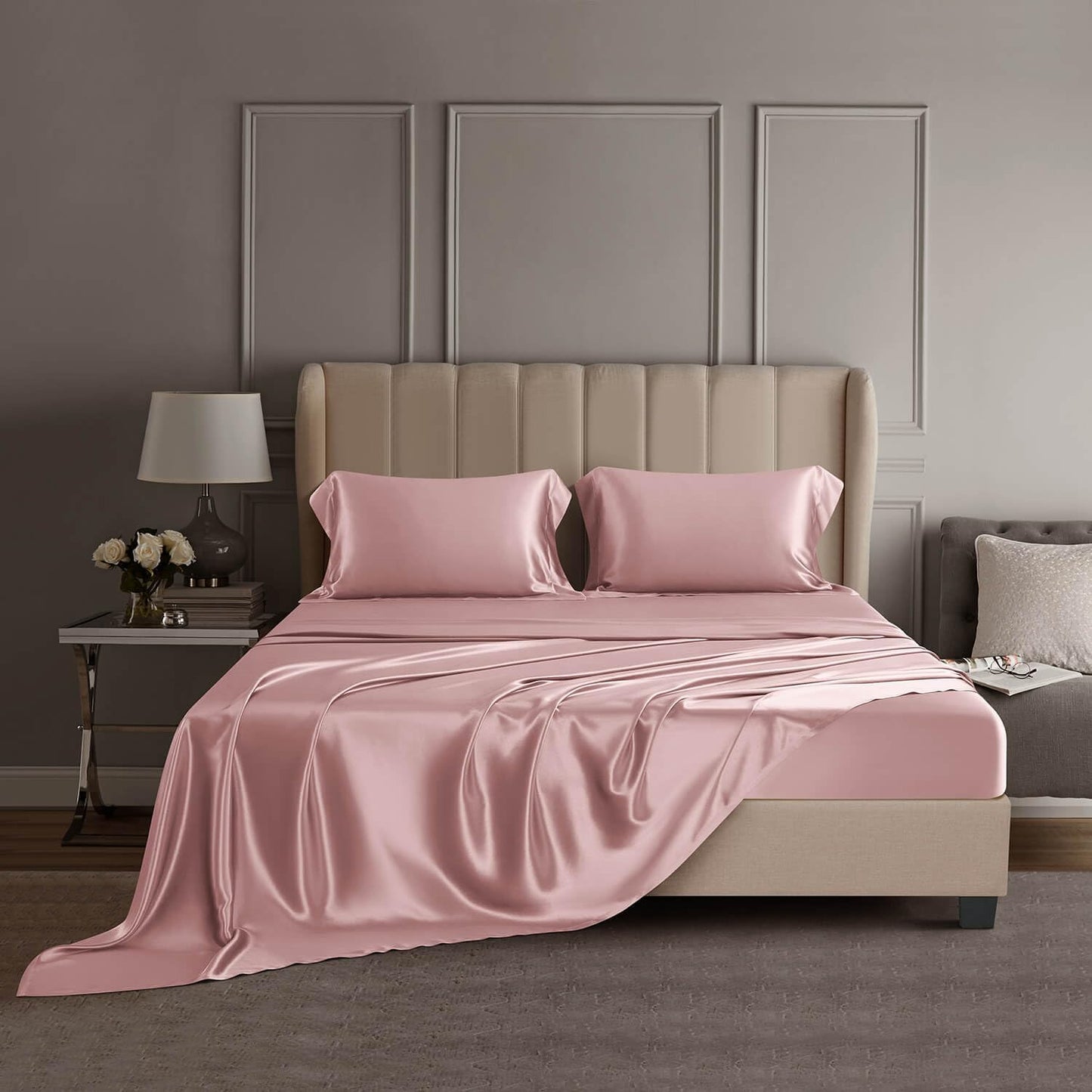 DISANGNI 22 Momme 100% Mulberry Silk Bedding Set - 4-Piece Luxury (2 Pillowcases, 1 Fitted Sheet, 1 Flat Sheet) - 6A Grade Natural Silk (Pink, Queen)