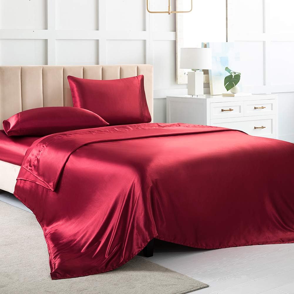 Satin Bed Sheets King Size Sheets, Silver Grey Silk Sheets, 4 - Pieces Soft Bedding Set with 1 Deep Pocket Fitted Sheet,1 Flat Sheet,2 Pillowcase