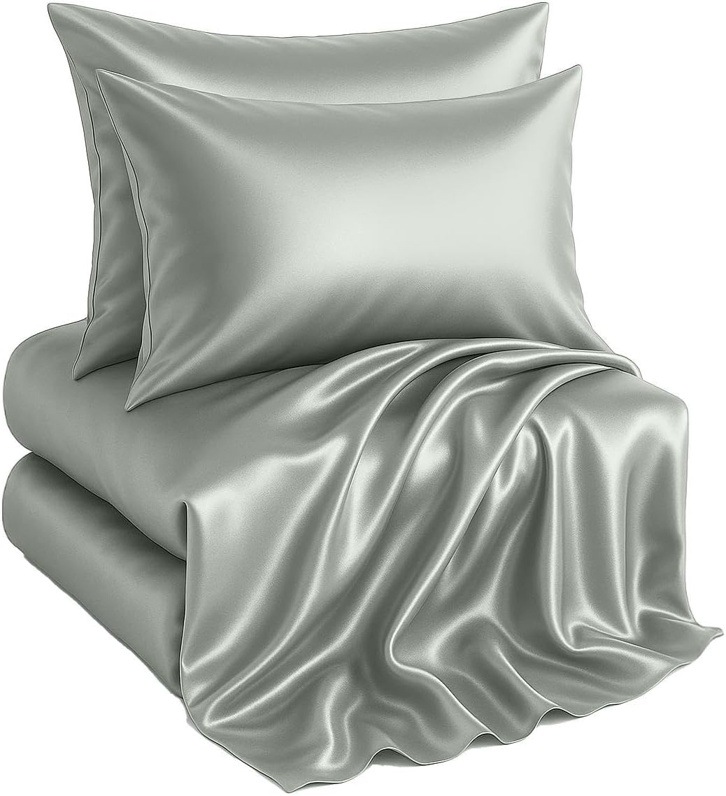 Casa Platino Satin Sheets King Size Set - 4 Pieces - Soft Like Silk - 1 Deep Pocket Fitted Sheet, 1 Flat Sheet & 2 King Pillowcases - Beneficial for Hair & Skin - Wrinke Free - White Bed Sheets Set