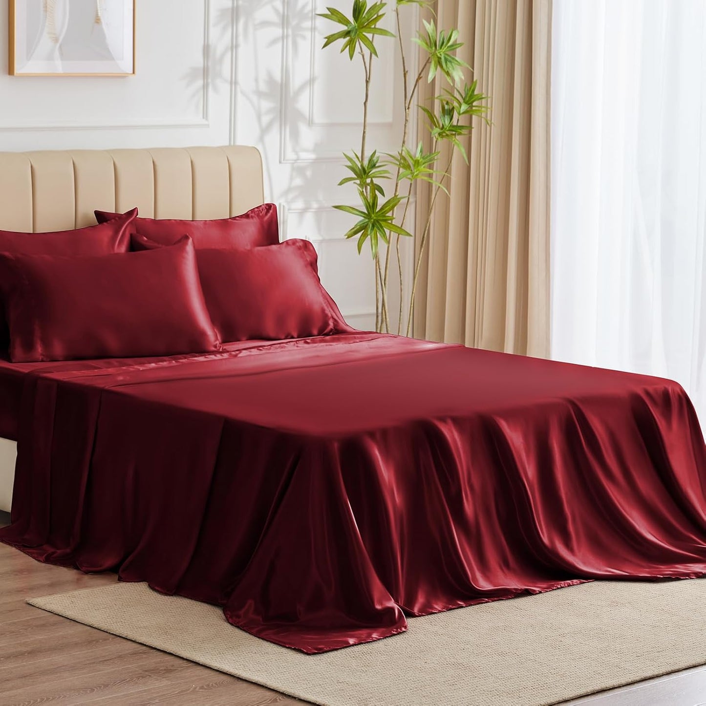 CozyLux Satin Sheets Queen Size - 4 Piece Beige Bed Sheet Set with Silky Microfiber, 1 Deep Pocket Fitted Sheet, 1 Flat Sheet, and 2 Pillowcases - Smooth and Soft