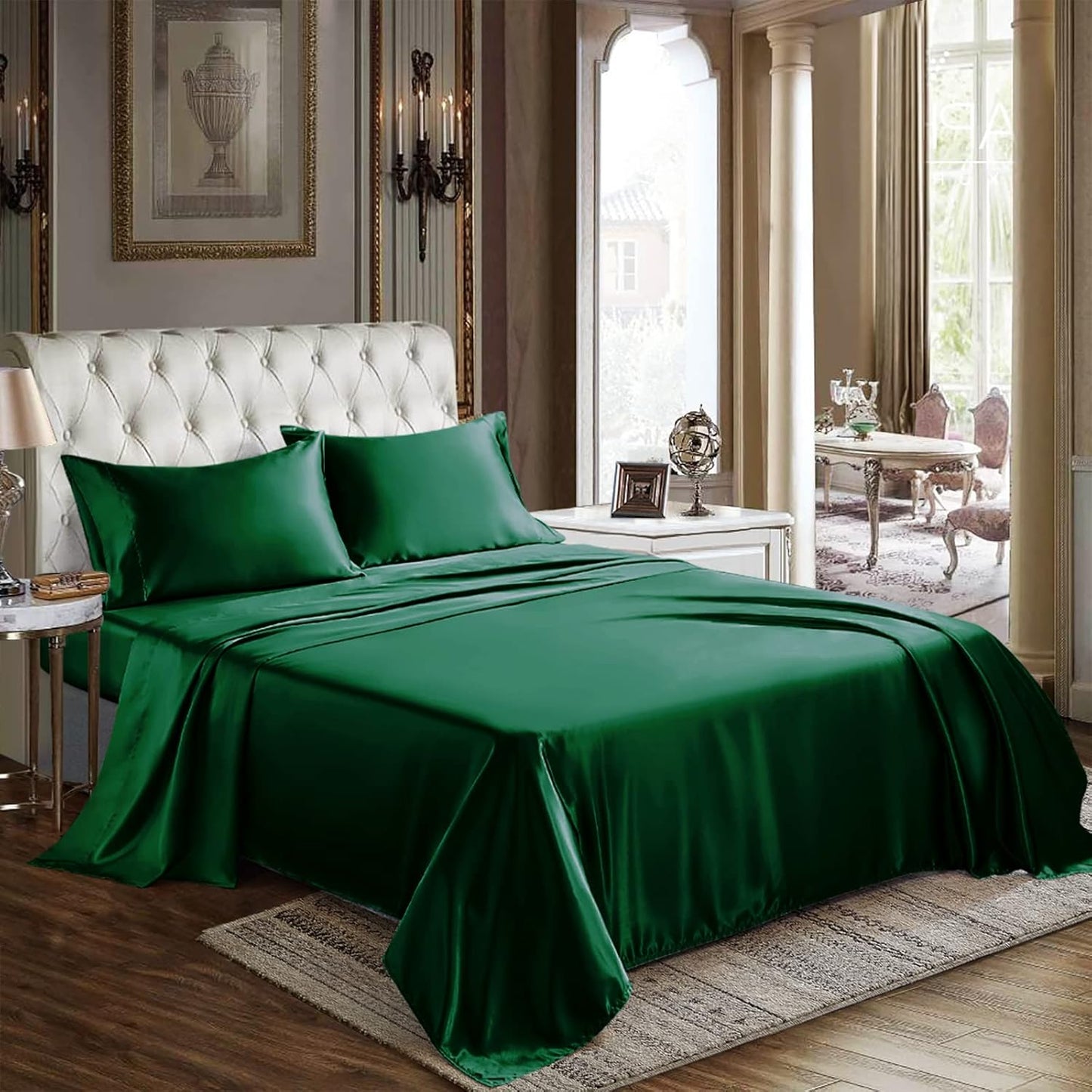 CozyLux Satin Sheets Queen Size - 4 Piece Beige Bed Sheet Set with Silky Microfiber, 1 Deep Pocket Fitted Sheet, 1 Flat Sheet, and 2 Pillowcases - Smooth and Soft