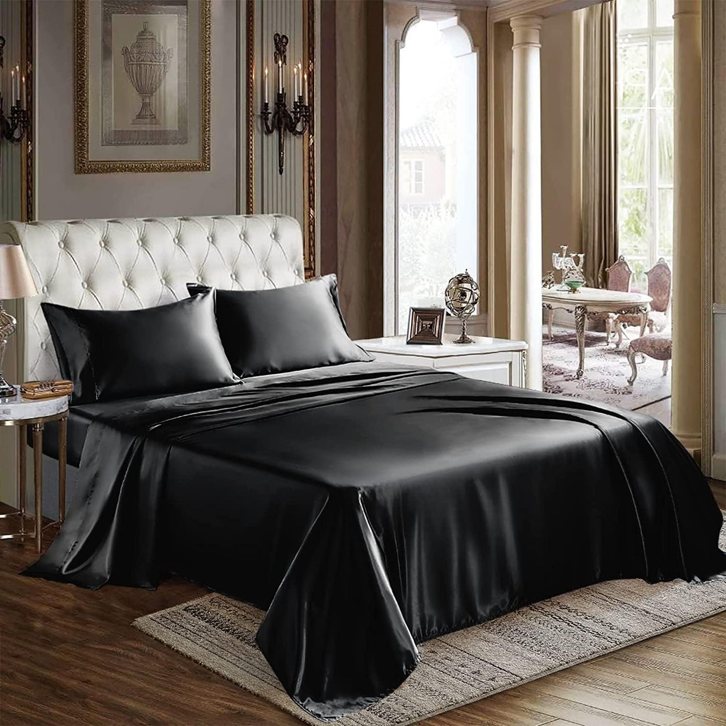 CozyLux Satin Sheets Queen Size - 4 Piece Beige Bed Sheet Set with Silky Microfiber, 1 Deep Pocket Fitted Sheet, 1 Flat Sheet, and 2 Pillowcases - Smooth and Soft