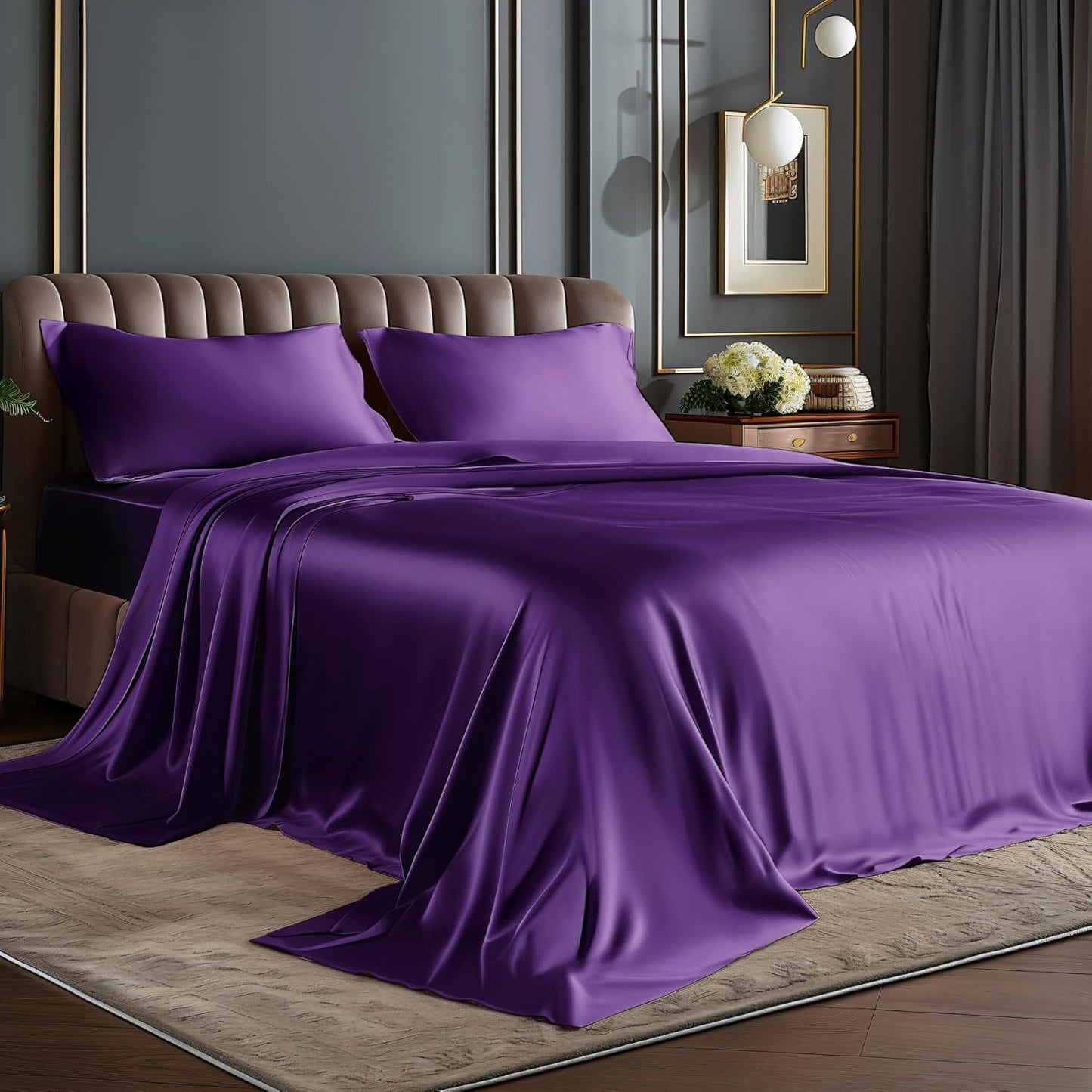 BEDELITE King Size Sheets Set, Luxury Soft Dark Grey Satin Sheets for Hair and Skin, Similar to Silk Bed Sheets Set 4 Pieces with 1 Deep Pocket Fitted Sheet, 1 Flat Sheet, and 2 Pillowcases