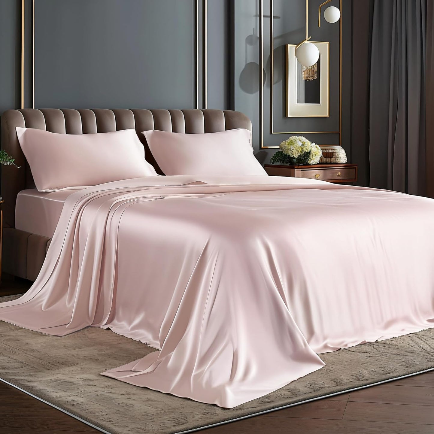BEDELITE King Size Sheets Set, Luxury Soft Dark Grey Satin Sheets for Hair and Skin, Similar to Silk Bed Sheets Set 4 Pieces with 1 Deep Pocket Fitted Sheet, 1 Flat Sheet, and 2 Pillowcases