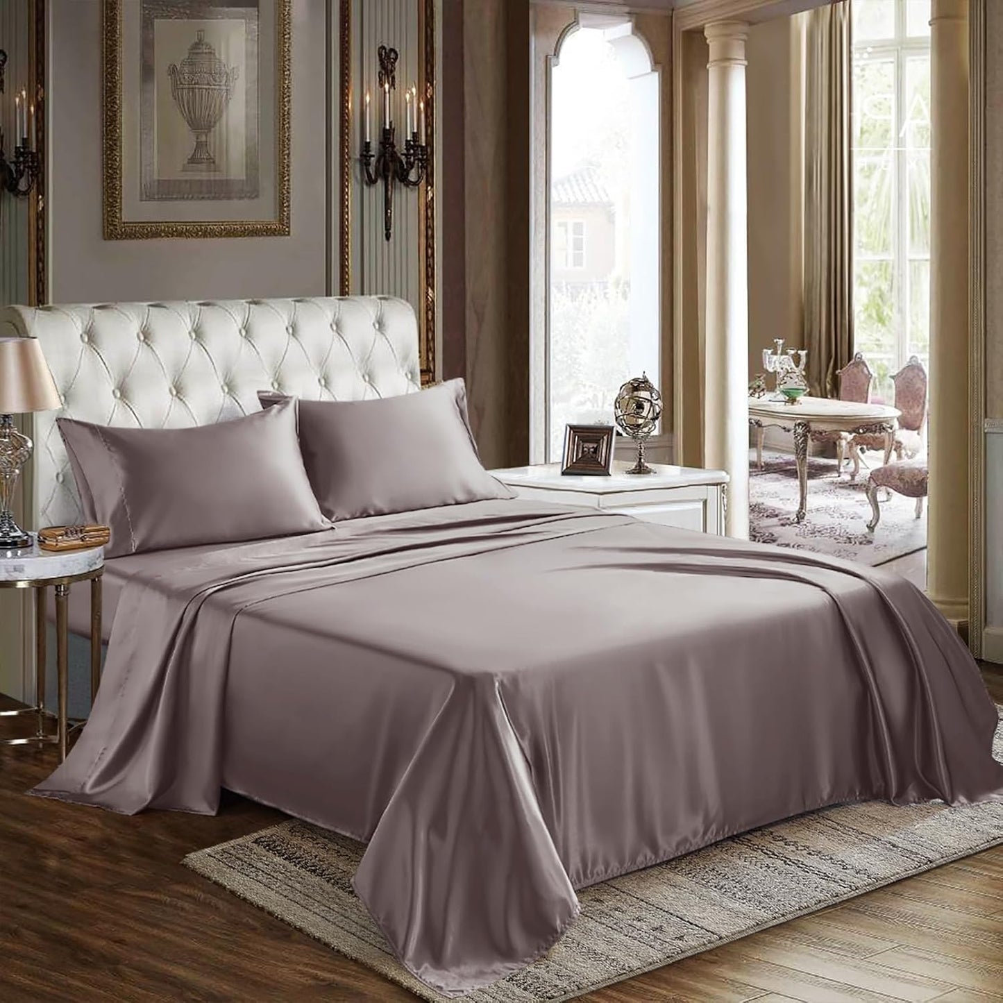 CozyLux Satin Sheets Queen Size - 4 Piece Beige Bed Sheet Set with Silky Microfiber, 1 Deep Pocket Fitted Sheet, 1 Flat Sheet, and 2 Pillowcases - Smooth and Soft