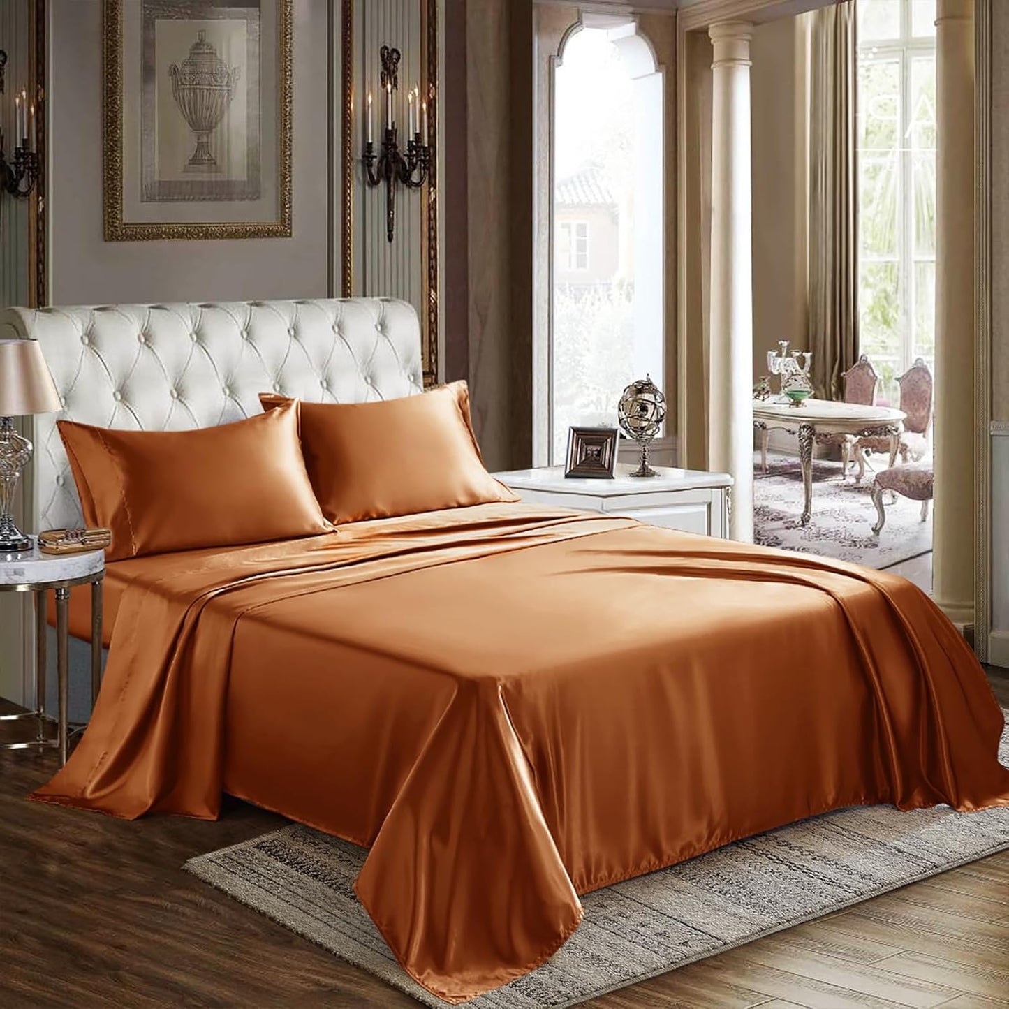 CozyLux Satin Sheets Queen Size - 4 Piece Beige Bed Sheet Set with Silky Microfiber, 1 Deep Pocket Fitted Sheet, 1 Flat Sheet, and 2 Pillowcases - Smooth and Soft