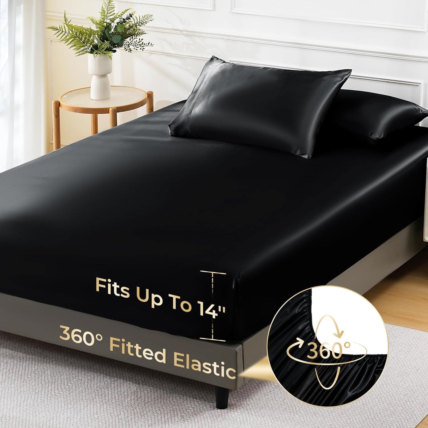 Sasttie Satin Sheets Queen Size - 4 Pieces Luxury Soft Black Silky Bed Sheets Set with Pillowcases - Smooth Silk-Like Satin Fabric, Reinforced 14 Inches Pocket, Oeko-Tex Certified