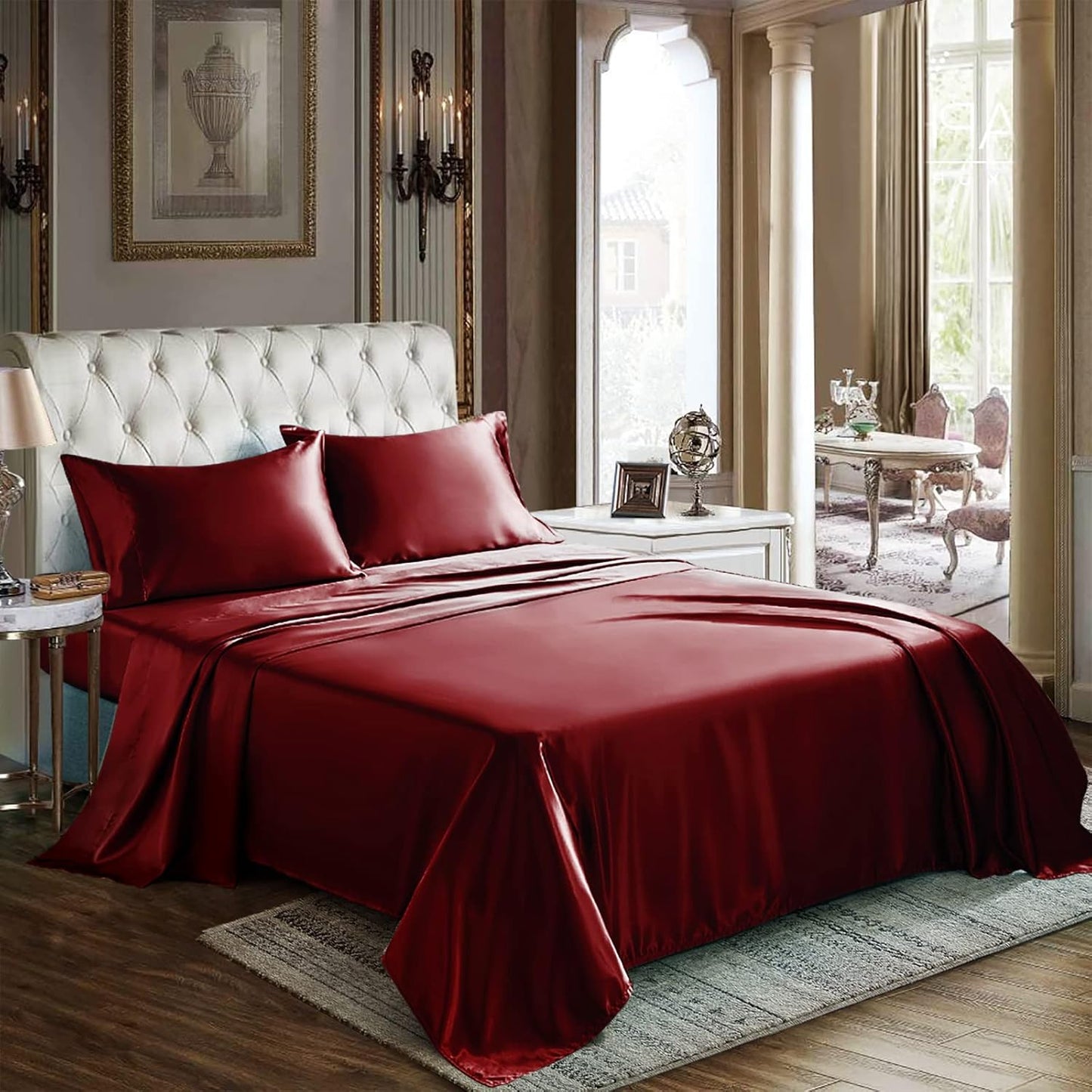 CozyLux Satin Sheets Queen Size - 4 Piece Beige Bed Sheet Set with Silky Microfiber, 1 Deep Pocket Fitted Sheet, 1 Flat Sheet, and 2 Pillowcases - Smooth and Soft