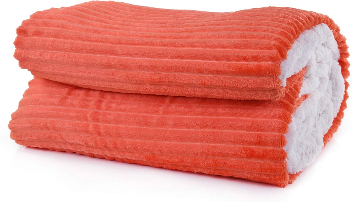 Mintra Home Sherpa Stripe Flannel Throw Blanket (Coral, 70in x 86in (Large))