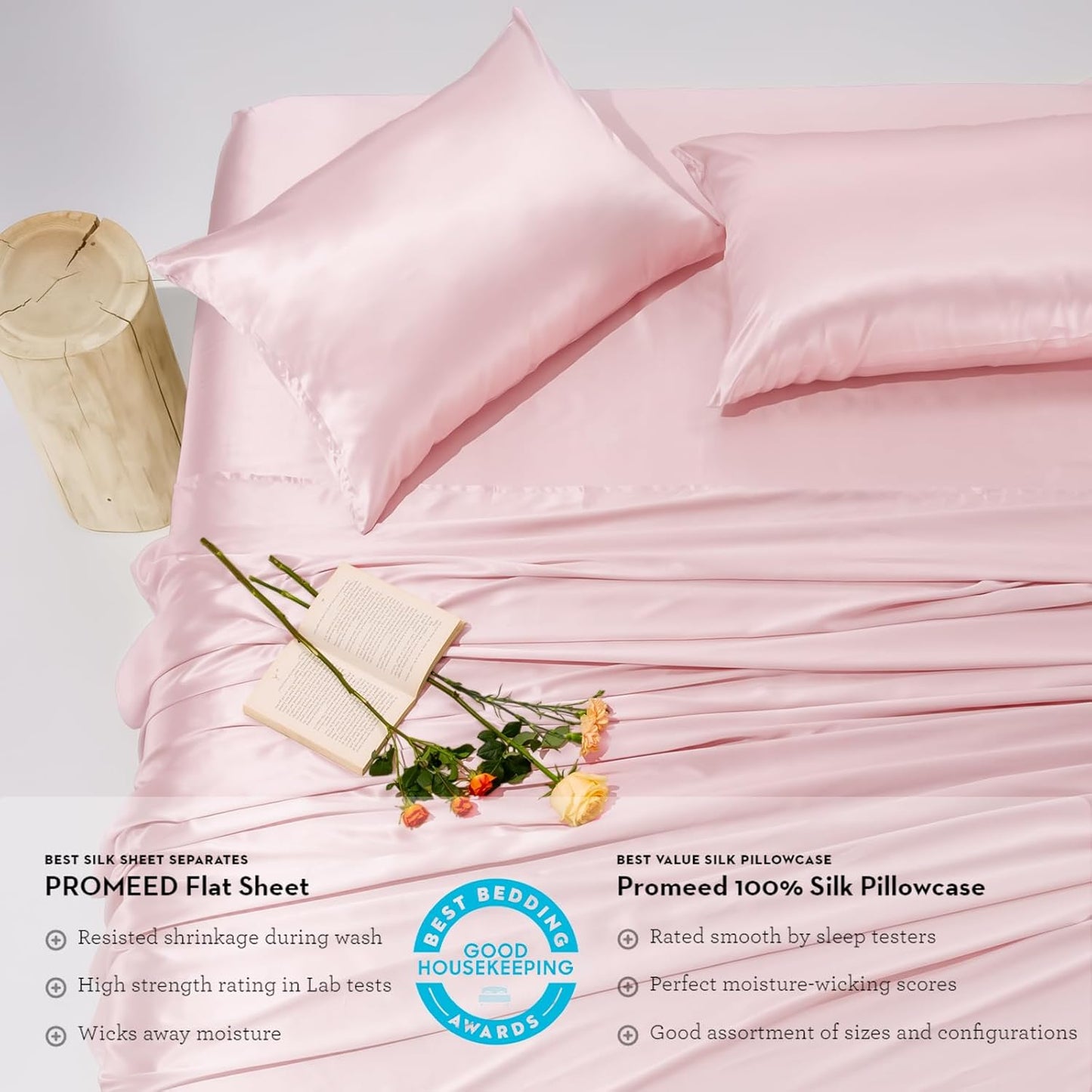 PROMEED Upgraded 23 Momme Pink Silk Sheets Queen Size Set 4 Pieces, Natural Mulberry Silk Cooling Bed Sheets and Pillowcase Sets (Pink, Queen)