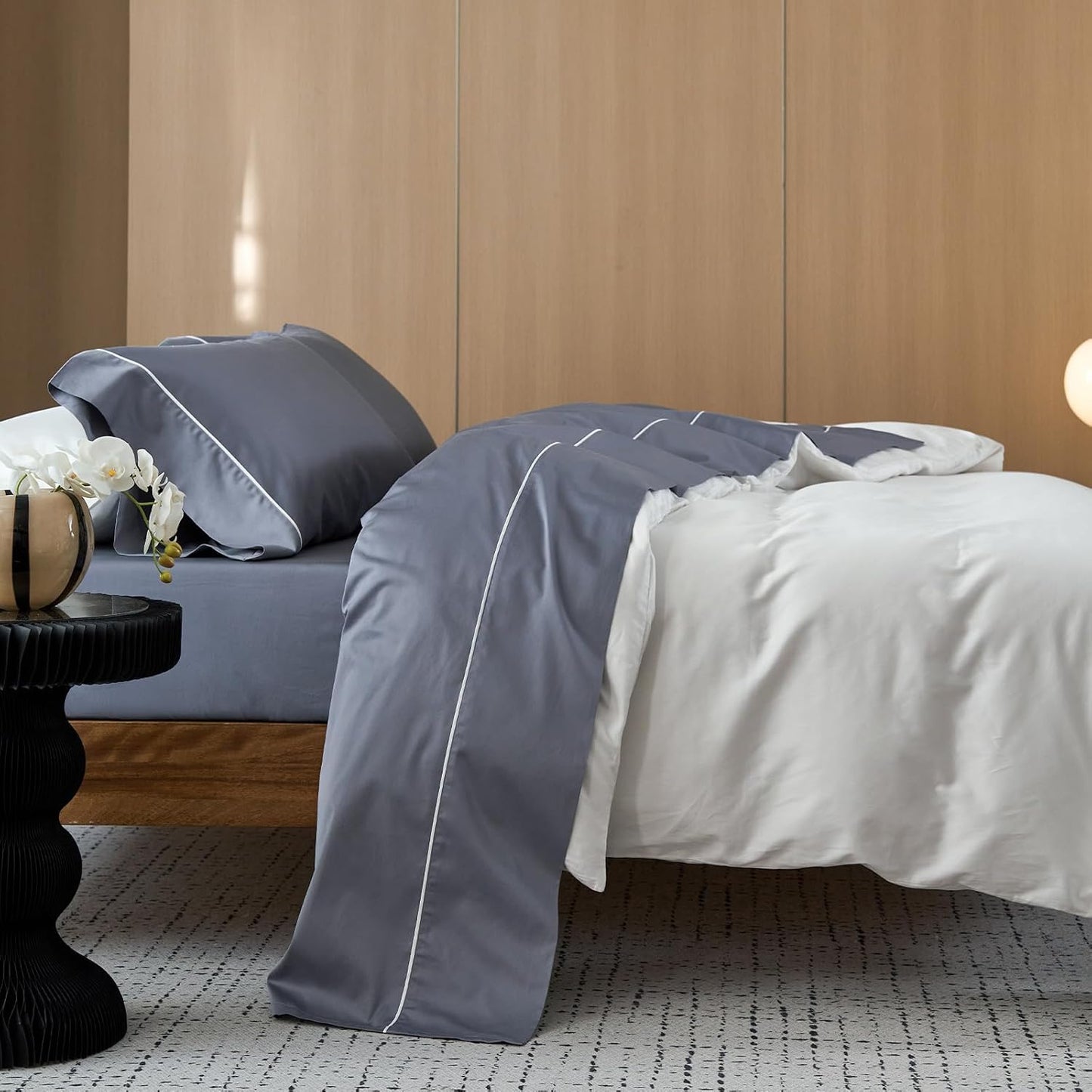 MooMee Queen Sheet Set, 100% Extra Long Staple Cotton 600TC Sateen Weave Cooling Breathable Silky Soft Luxury Hotel Quality Bed Sheets with 17" Deep Pocket - 4 Piece (Blueish Grey, Queen)