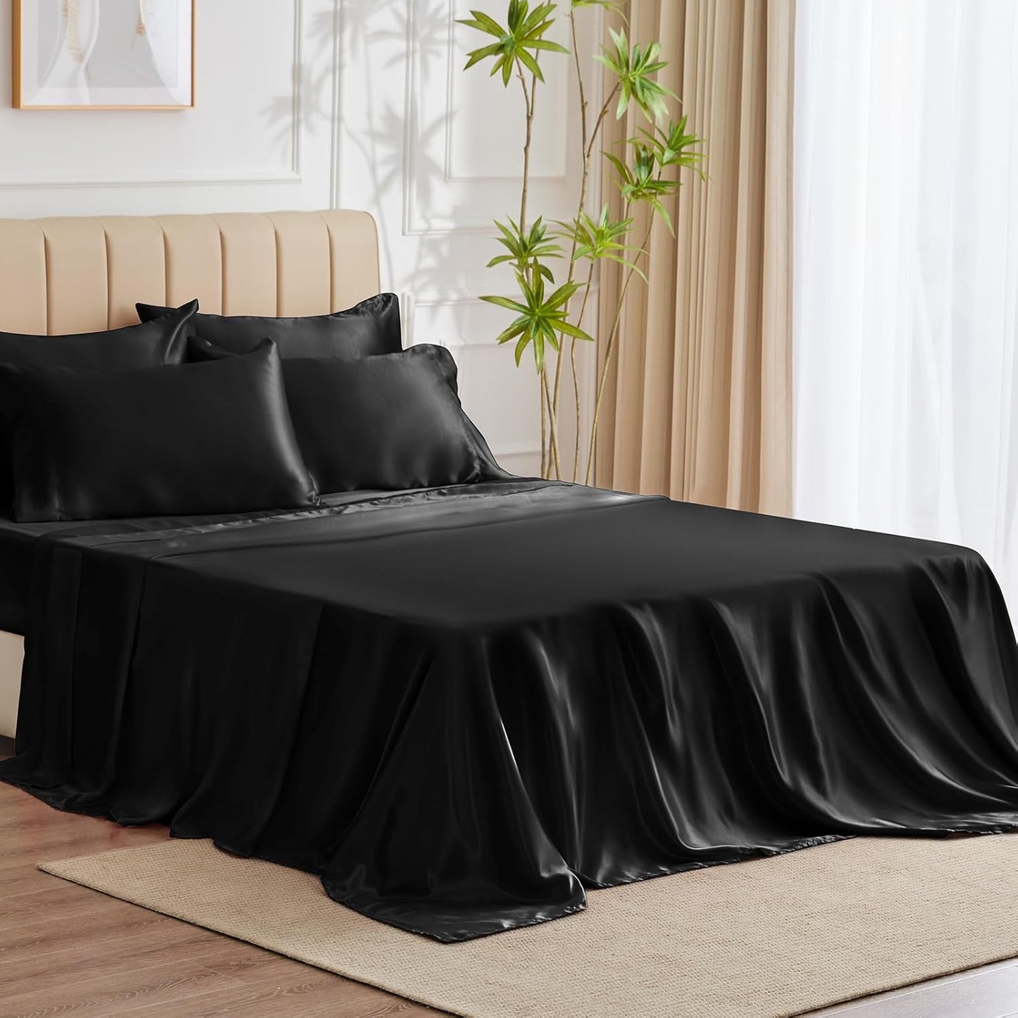 CozyLux Satin Sheets Queen Size - 4 Piece Beige Bed Sheet Set with Silky Microfiber, 1 Deep Pocket Fitted Sheet, 1 Flat Sheet, and 2 Pillowcases - Smooth and Soft