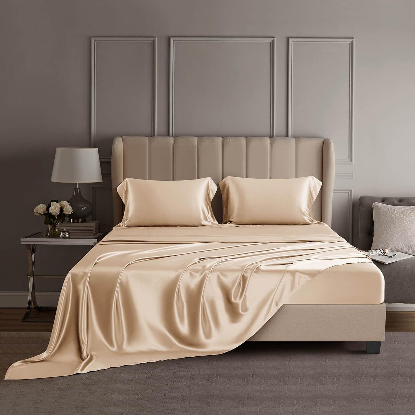 DISANGNI 22 Momme 100% Mulberry Silk Bedding Set - 4-Piece Luxury (2 Pillowcases, 1 Fitted Sheet, 1 Flat Sheet) - 6A Grade Natural Silk (Pink, Queen)