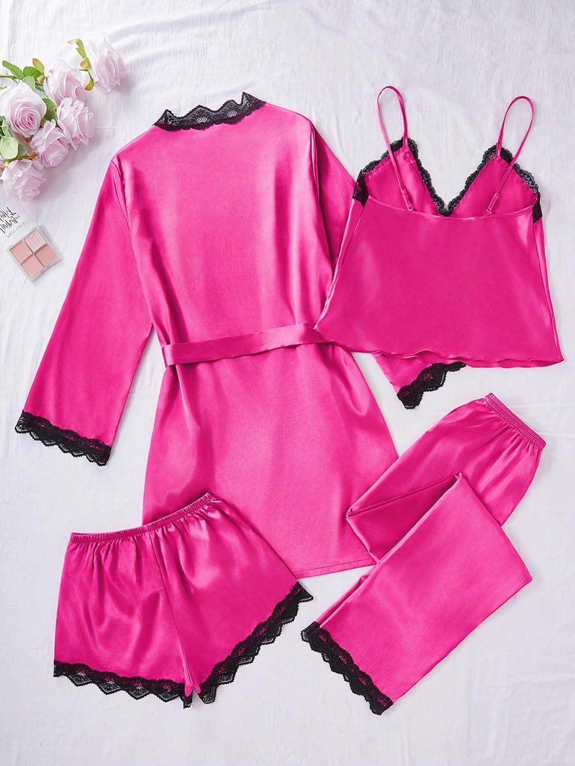 4 Pieces Pajama Set for Women V-neck Vest Robe Pants Shorts Women's Silk Robes Lace Trim Satin Bathrobe Sleepwear