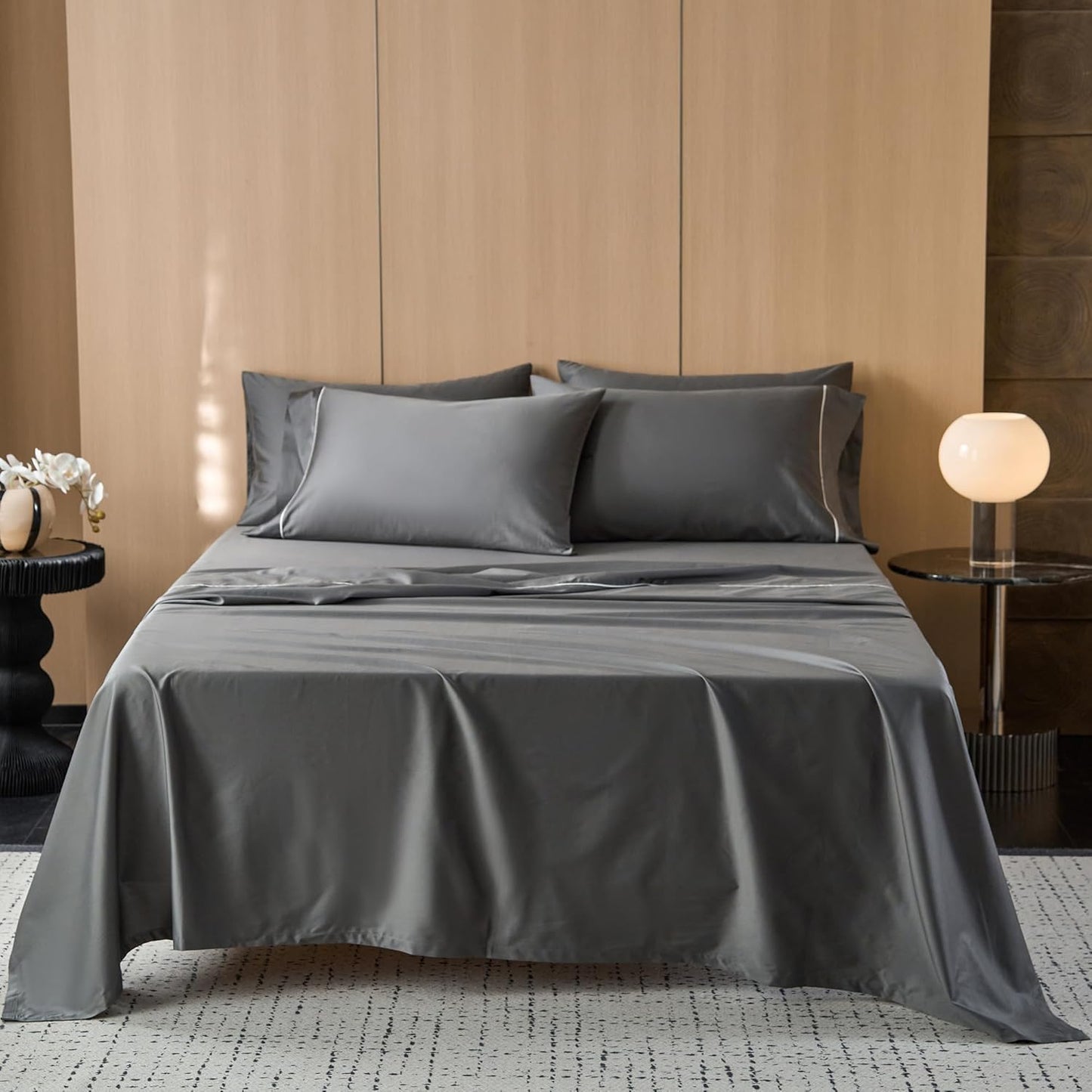 MooMee Queen Sheet Set, 100% Extra Long Staple Cotton 600TC Sateen Weave Cooling Breathable Silky Soft Luxury Hotel Quality Bed Sheets with 17" Deep Pocket - 4 Piece (Blueish Grey, Queen)