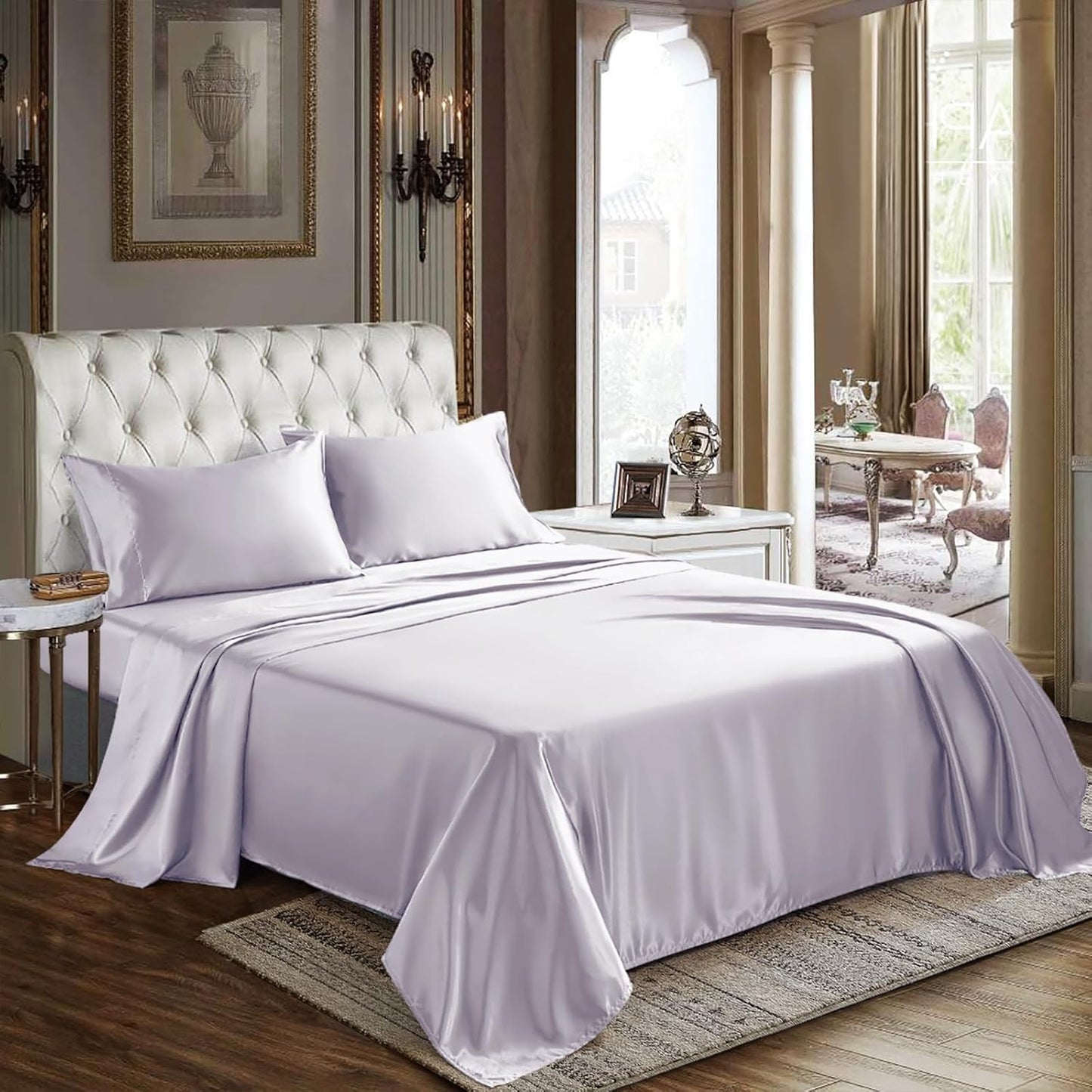 CozyLux Satin Sheets Queen Size - 4 Piece Beige Bed Sheet Set with Silky Microfiber, 1 Deep Pocket Fitted Sheet, 1 Flat Sheet, and 2 Pillowcases - Smooth and Soft