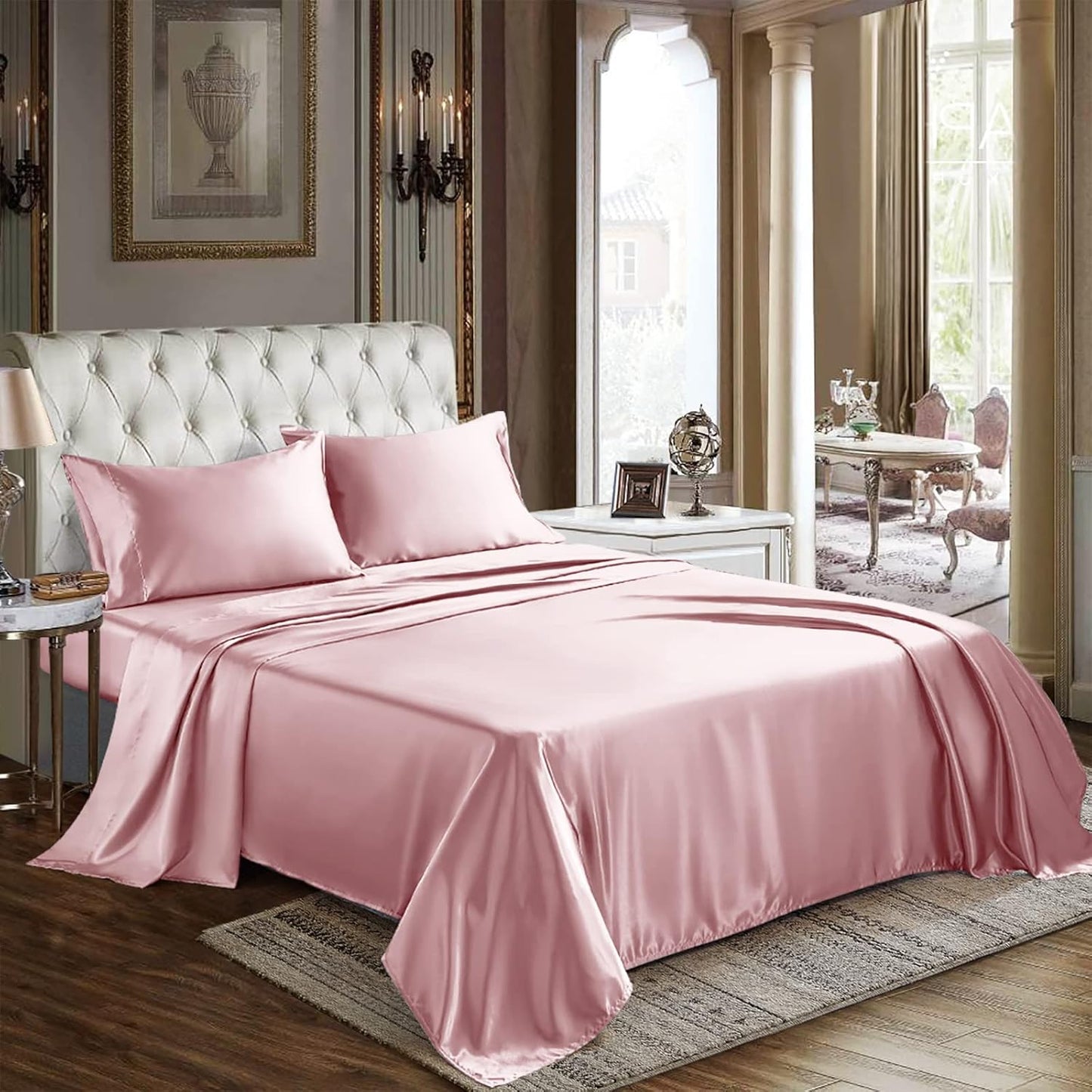 CozyLux Satin Sheets Queen Size - 4 Piece Beige Bed Sheet Set with Silky Microfiber, 1 Deep Pocket Fitted Sheet, 1 Flat Sheet, and 2 Pillowcases - Smooth and Soft