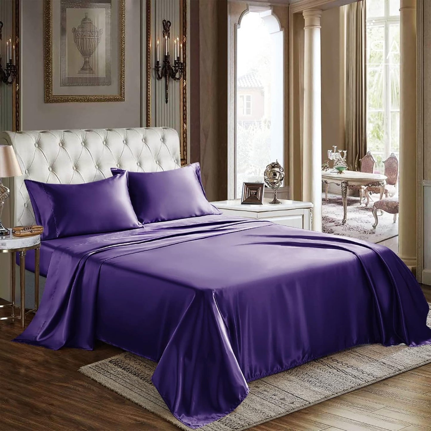 CozyLux Satin Sheets Queen Size - 4 Piece Beige Bed Sheet Set with Silky Microfiber, 1 Deep Pocket Fitted Sheet, 1 Flat Sheet, and 2 Pillowcases - Smooth and Soft
