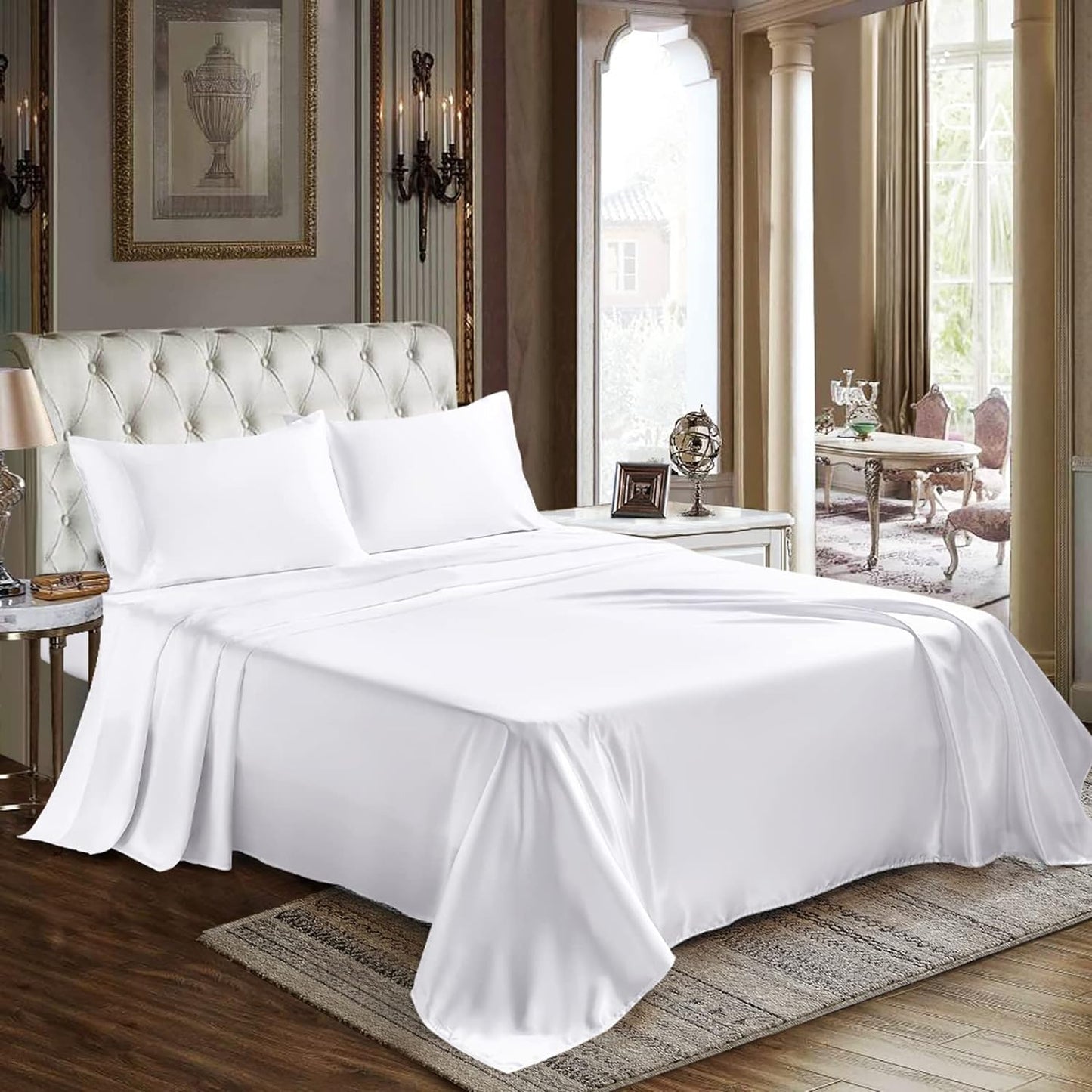 CozyLux Satin Sheets Queen Size - 4 Piece Beige Bed Sheet Set with Silky Microfiber, 1 Deep Pocket Fitted Sheet, 1 Flat Sheet, and 2 Pillowcases - Smooth and Soft